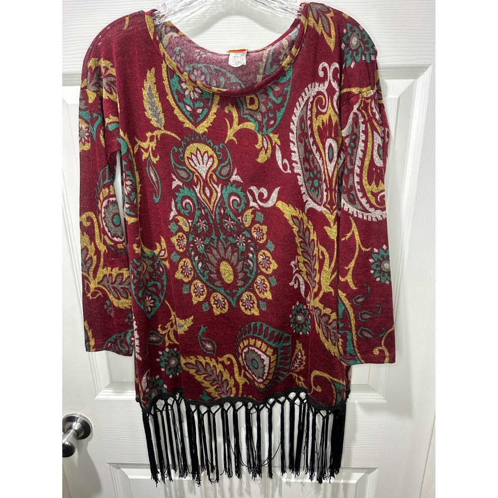 R Rouge USA Women Burgundy Paisley Fringe Long Sleeve Tunic Top S Fairy Festive
